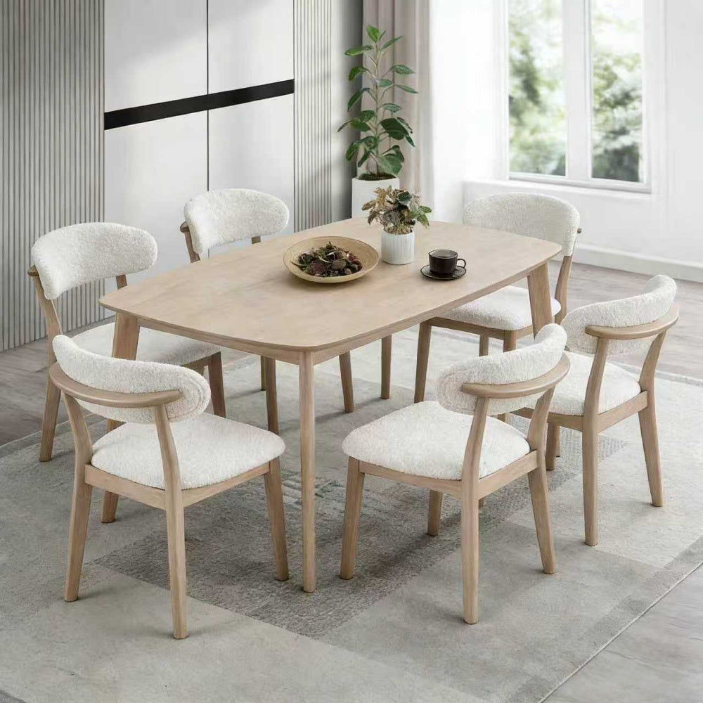 ACTU FURNITURE dining table set with upholstered chairs, light wood and sherpa seats, seats 4–6 on Tampa Home & Garden Store