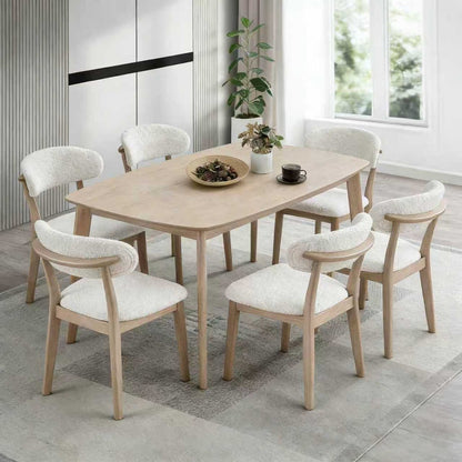 ACTU FURNITURE dining table set with upholstered chairs, light wood and sherpa seats, seats 4–6 on Tampa Home & Garden Store