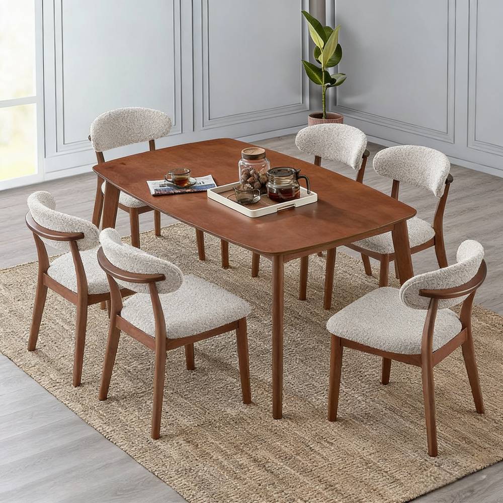 ACTU Scandinavian dining table set with six cream boucle upholstered chairs in walnut wood on Tampa Home & Garden Store