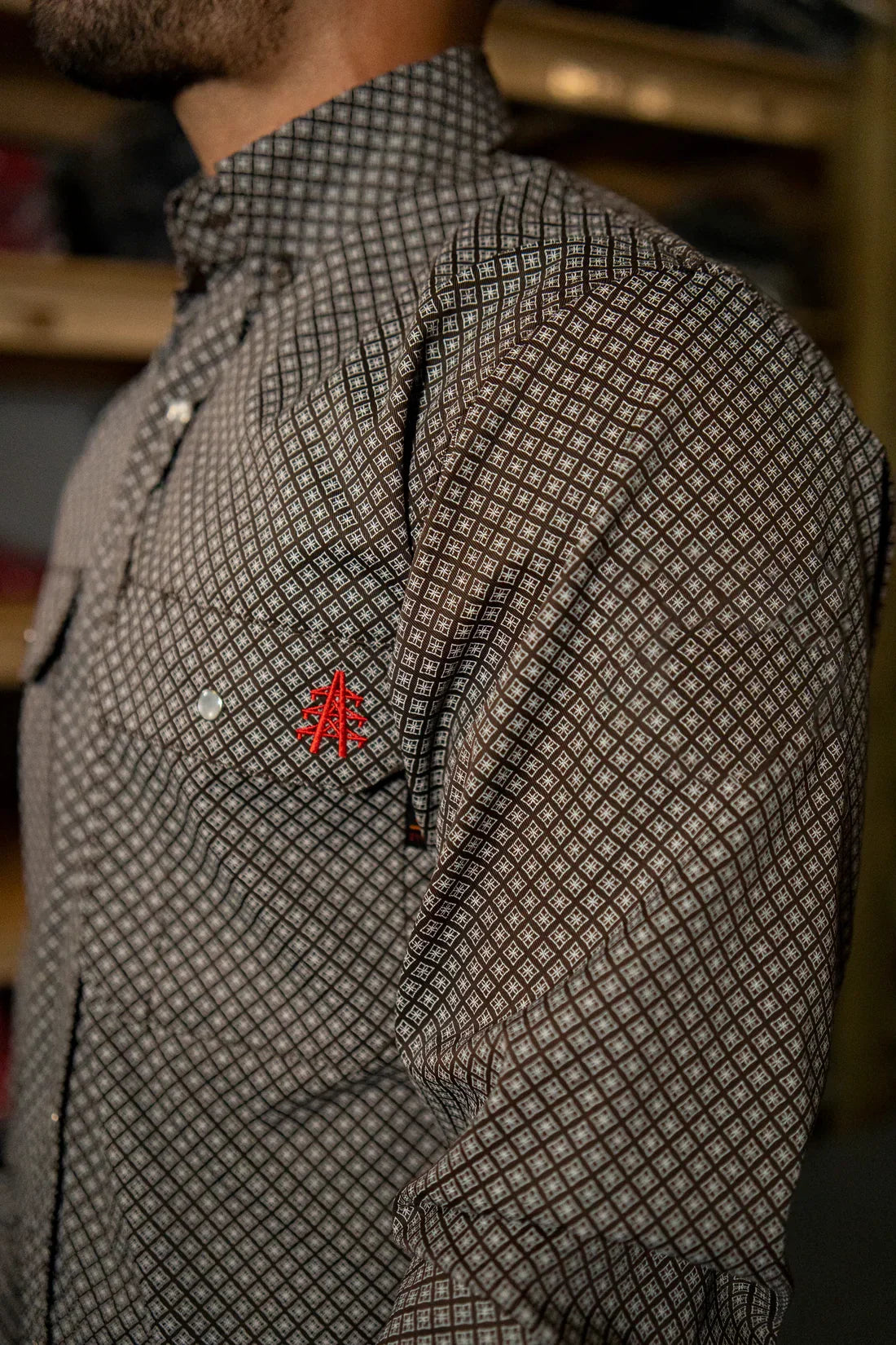 FR Pearl Snap Work Shirt Copperhead by Static FR, diamond pattern with red chest embroidery on Tampa Home & Garden Store
