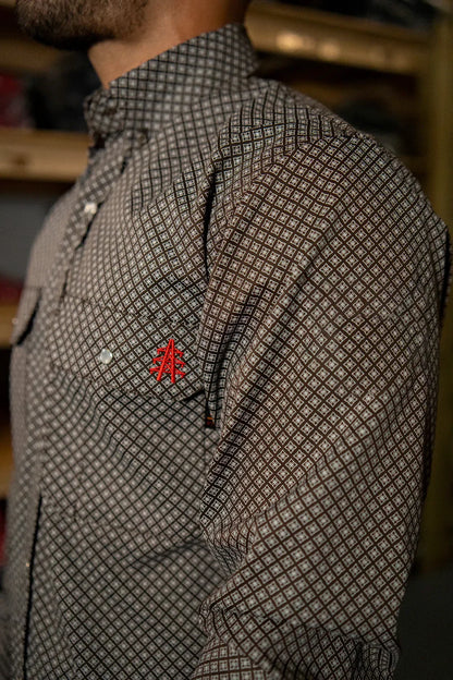 FR Pearl Snap Work Shirt Copperhead by Static FR, diamond pattern with red chest embroidery on Tampa Home & Garden Store