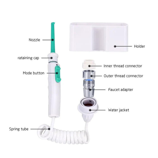 Faucet mounted water dental flosser with nozzle and mode button, includes adapter and holder on Tampa Home & Garden Store