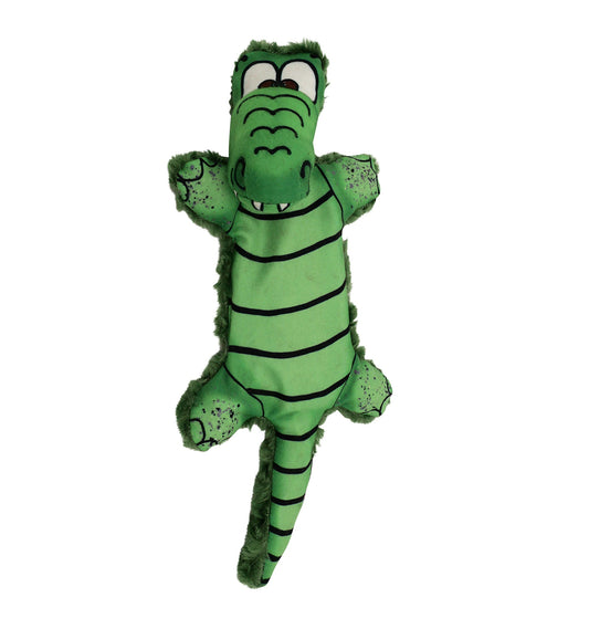 Allie Gator plush dog toy, green with black stripes and fuzzy trim on Tampa Home & Garden Store