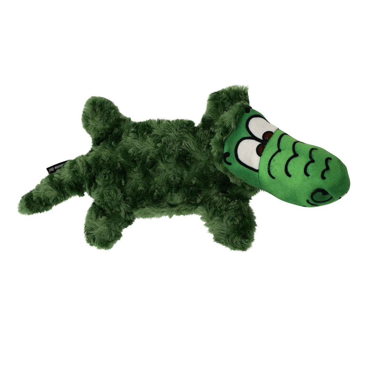 Allie Gator plush dog toy in green with textured fur by American Dog on Tampa Home & Garden Store
