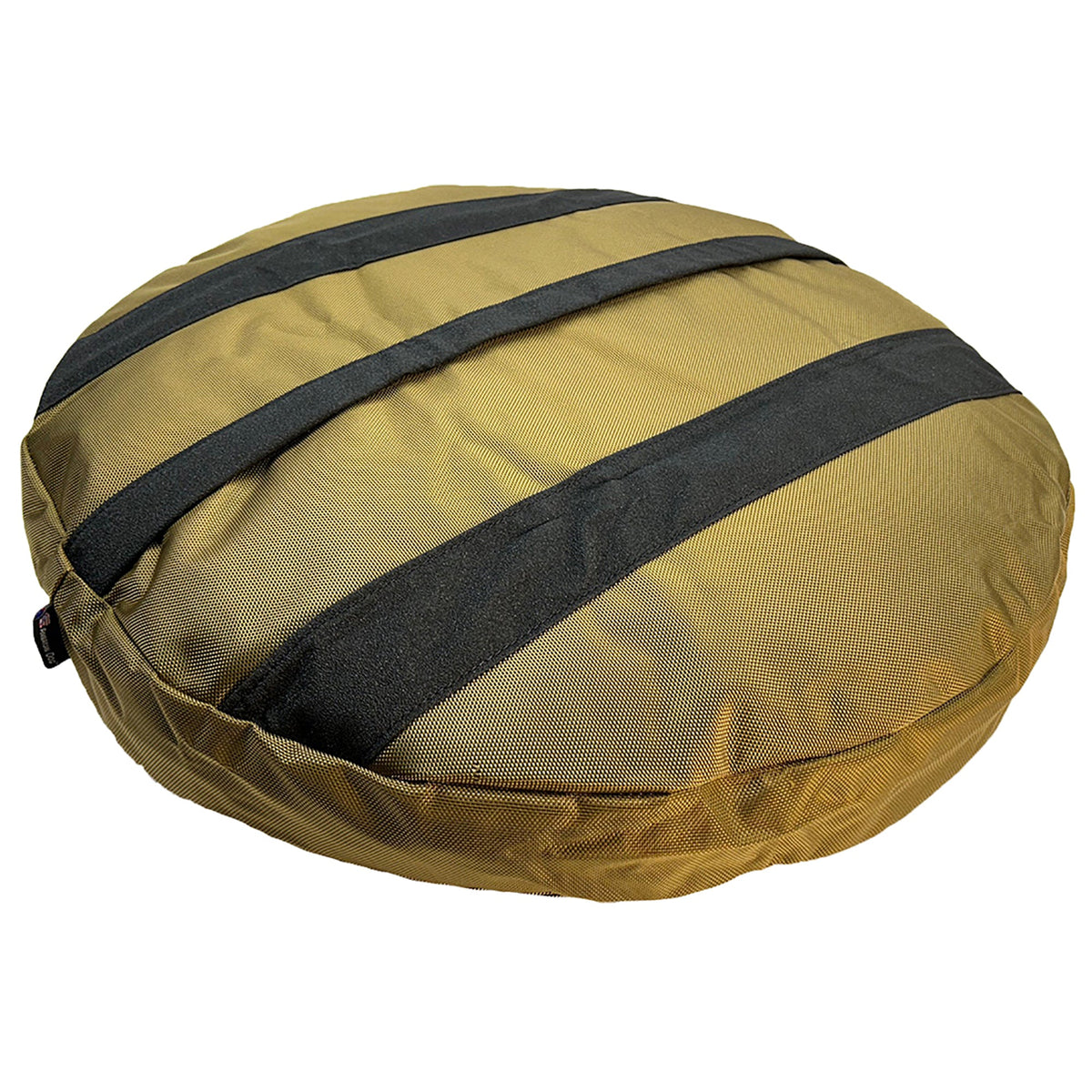 Round Armor dog bed by American Dog in tan fabric with black strap accents on Tampa Home & Garden Store