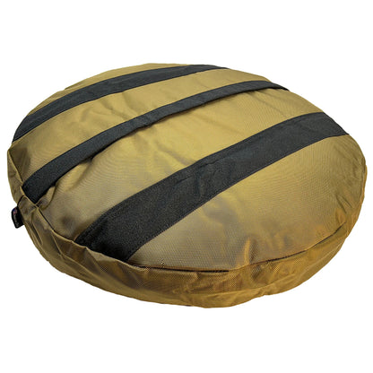 Round Armor dog bed by American Dog in tan fabric with black strap accents on Tampa Home & Garden Store