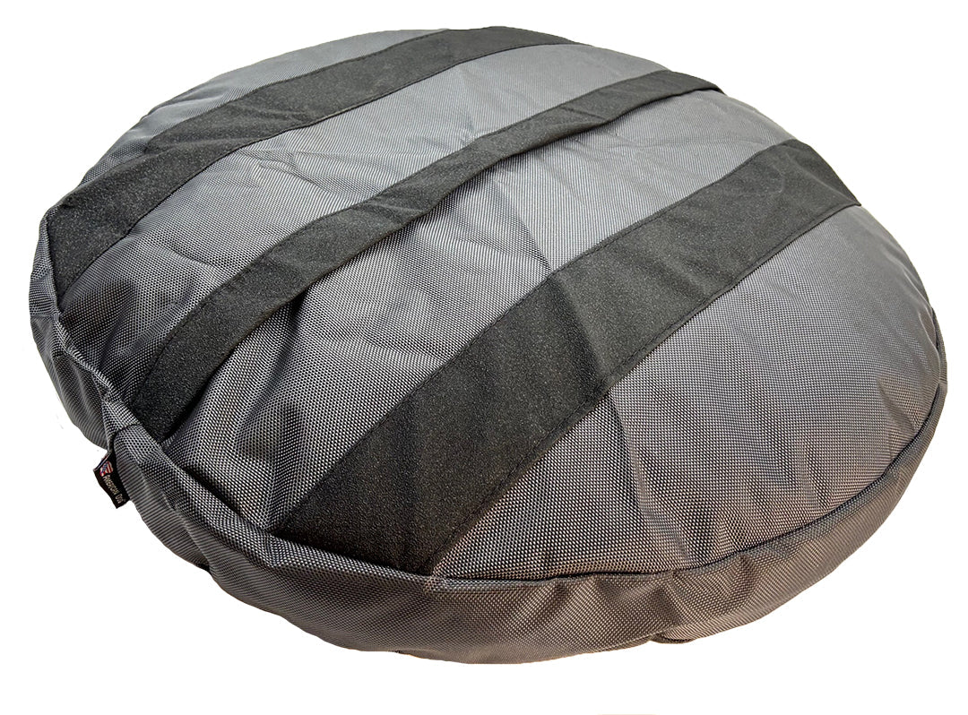 Round Armor dog bed in gray with black strap accents by American Dog on Tampa Home & Garden Store
