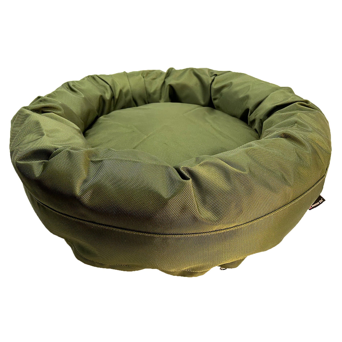 Round bolstered armor dog bed in olive green fabric by American Dog on Tampa Home & Garden Store