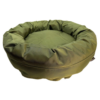 Round bolstered armor dog bed in olive green fabric by American Dog on Tampa Home & Garden Store