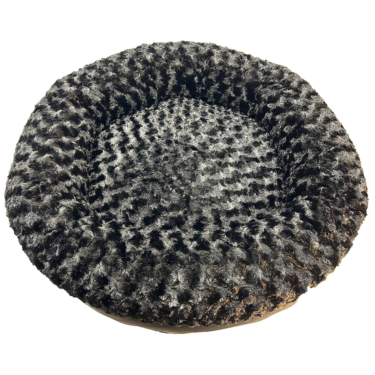 Dog Bed Round Bolstered Furvana plush, gray-black textured fur, American Dog pet bed on Tampa Home & Garden Store