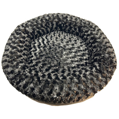 Dog Bed Round Bolstered Furvana plush, gray-black textured fur, American Dog pet bed on Tampa Home & Garden Store