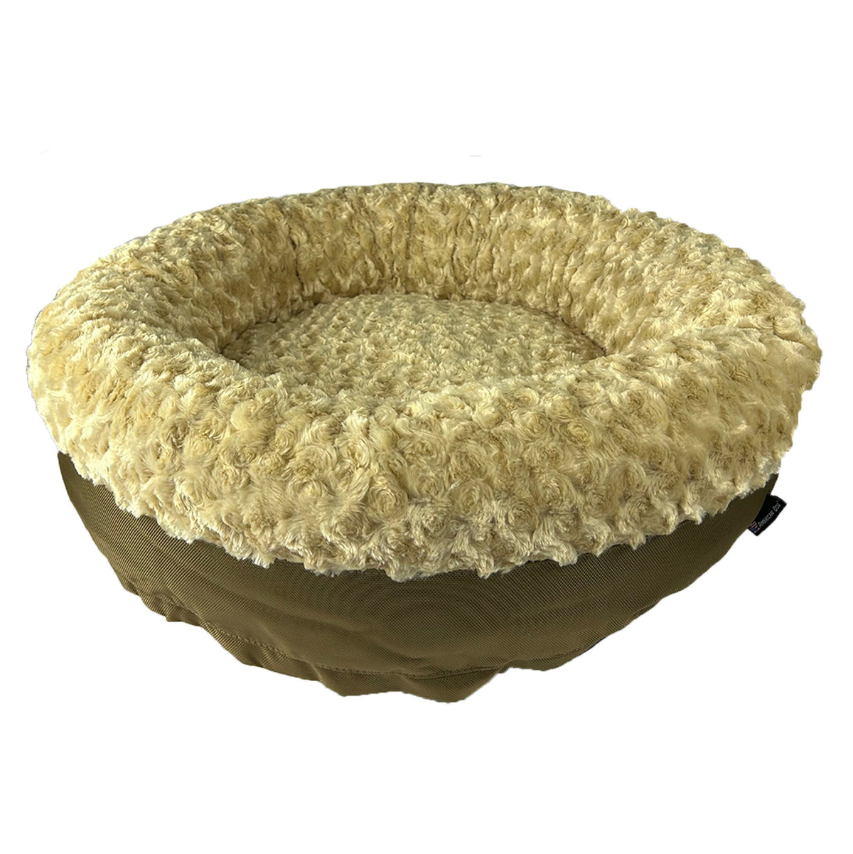 Dog Bed Round Bolstered Furvana™ beige faux fur interior with brown base by American Dog on Tampa Home & Garden Store