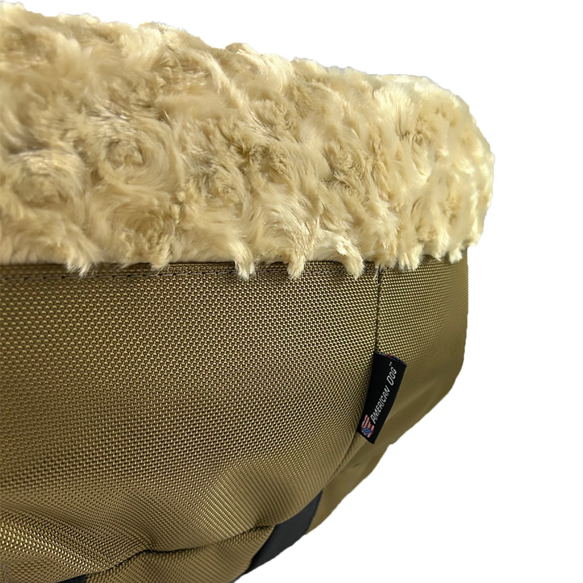 Dog Bed - Round Bolstered Furvana™ tan-brown fabric with plush cream faux fur, American Dog on Tampa Home & Garden Store