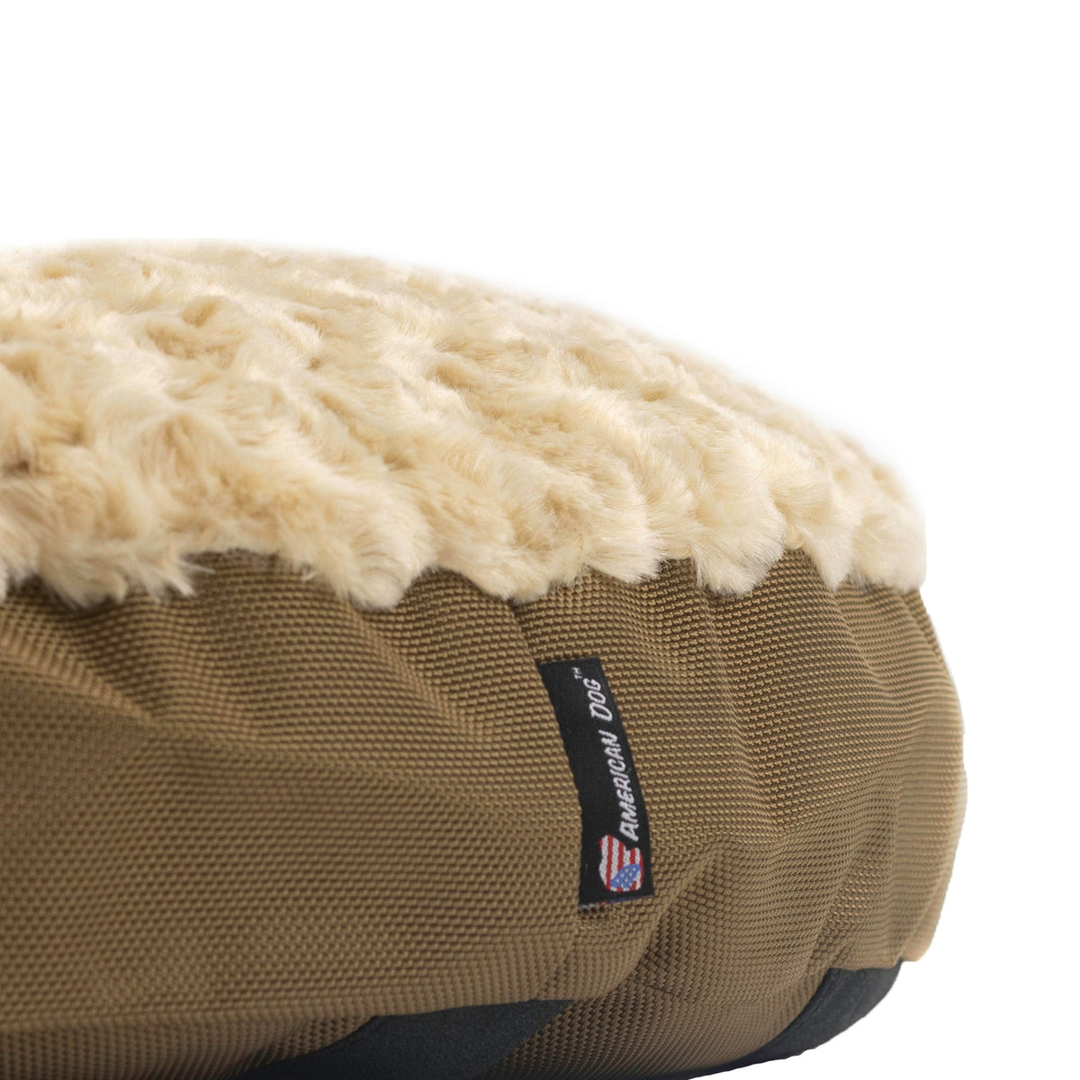 Dog Bed Round Furvana by American Dog with beige plush fur top and brown woven base on Tampa Home & Garden Store