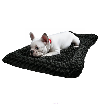 Dog Bed - Rectangle Bolstered Furvana Cloud in black plush with white puppy on Tampa Home & Garden Store