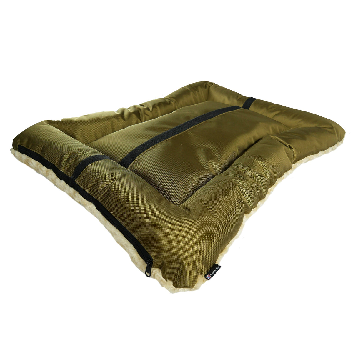 Rectangle bolstered dog bed Furvana Cloud in olive fabric by American Dog on Tampa Home & Garden Store