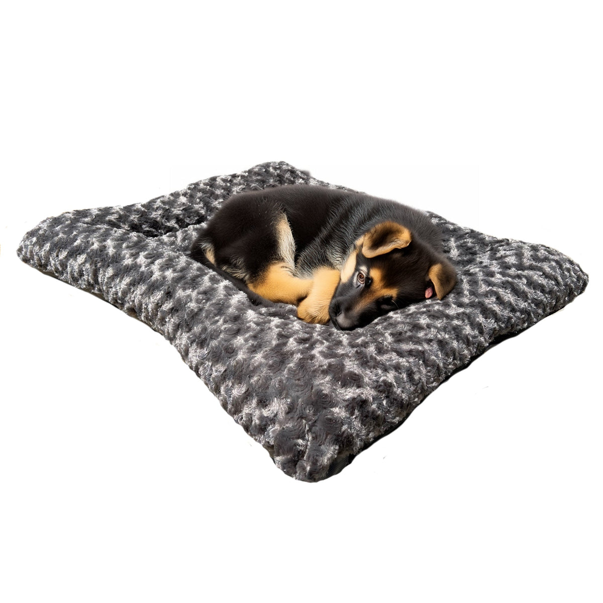 Dog bed rectangular bolstered Furvana Cloud by American Dog, gray plush with a resting dog on Tampa Home & Garden Store