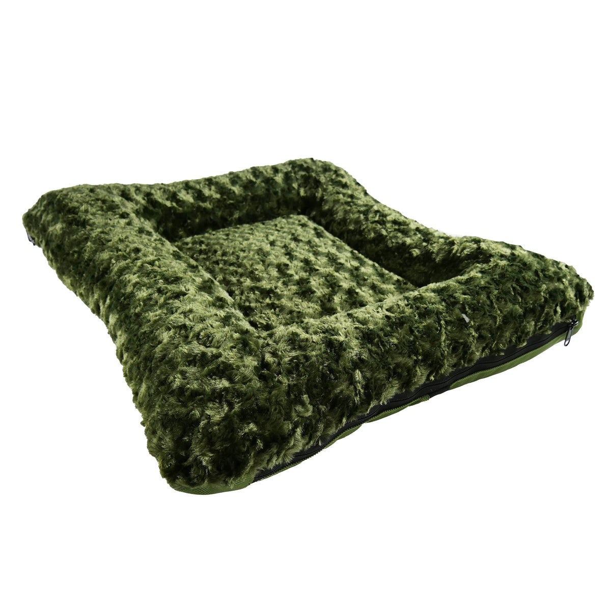 Furvana Cloud rectangle bolstered dog bed in olive green plush fur with zipper edge on Tampa Home & Garden Store