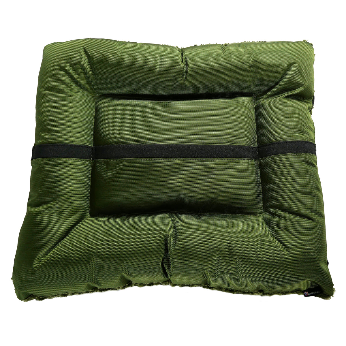 Dog Bed Rectangle Bolstered Furvana Cloud in olive green fabric with black base American Dog tag on Tampa Home & Garden Store
