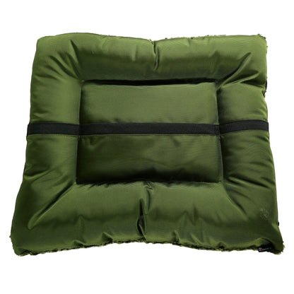 Dog Bed Rectangle Bolstered Furvana Cloud in olive green fabric with black base American Dog tag on Tampa Home & Garden Store