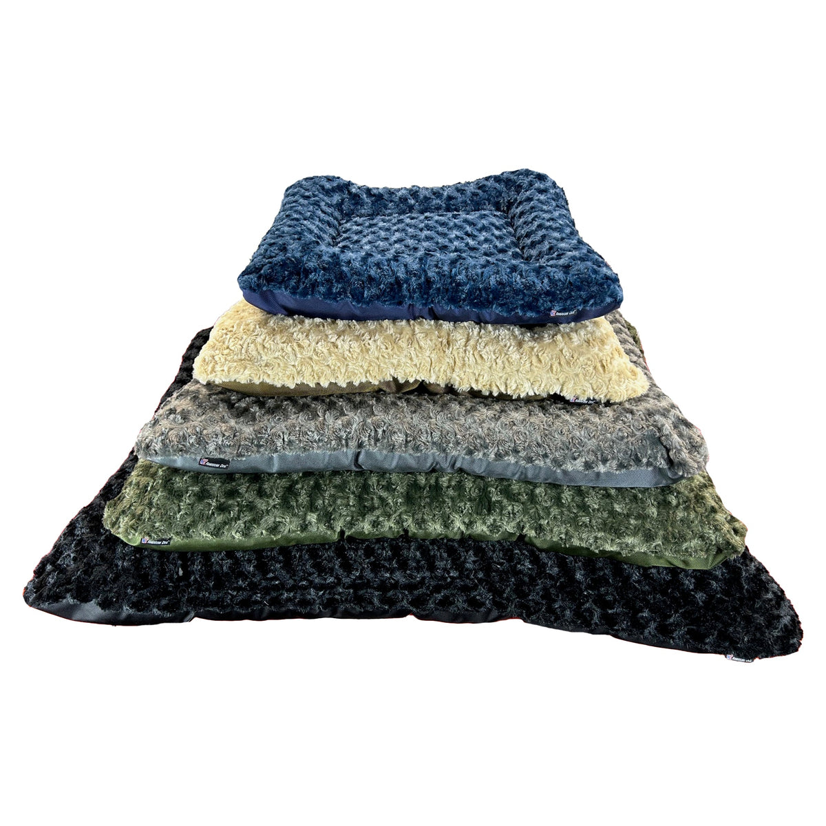 Dog beds stack: 5 rectangle bolstered Furvana Cloud beds in navy beige gray olive black on Tampa Home & Garden Store