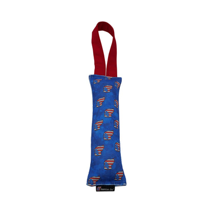 Fire Hose Dog Toy Tug by American Dog, blue fabric sleeve with US flag print on Tampa Home & Garden Store