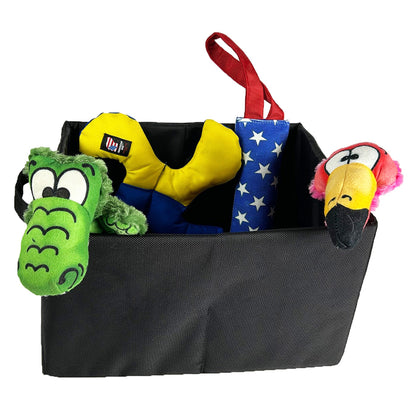 Drool Box storage tote with American Dog plush toys: green alligator, yellow vest on Tampa Home & Garden Store