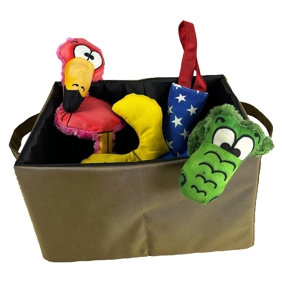Drool Box American Dog plush toy set with pink flamingo and green alligator on Tampa Home & Garden Store