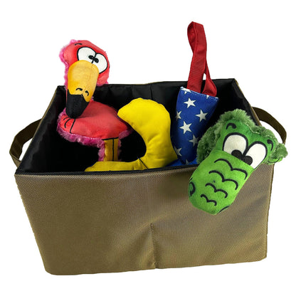 Drool Box American Dog plush toy set with pink flamingo and green alligator on Tampa Home & Garden Store