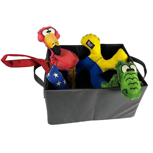 Drool Box black pet toy storage bag with red strap, filled with colorful plush animal toys American Dog on Tampa Home & Garden Store
