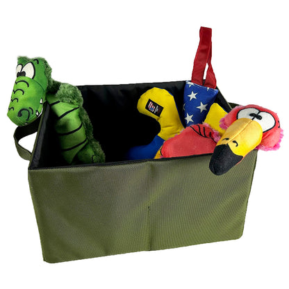 Drool Box storage tote with American Dog plush toys: green alligator, star-spangled pouch, red bird on Tampa Home & Garden Store