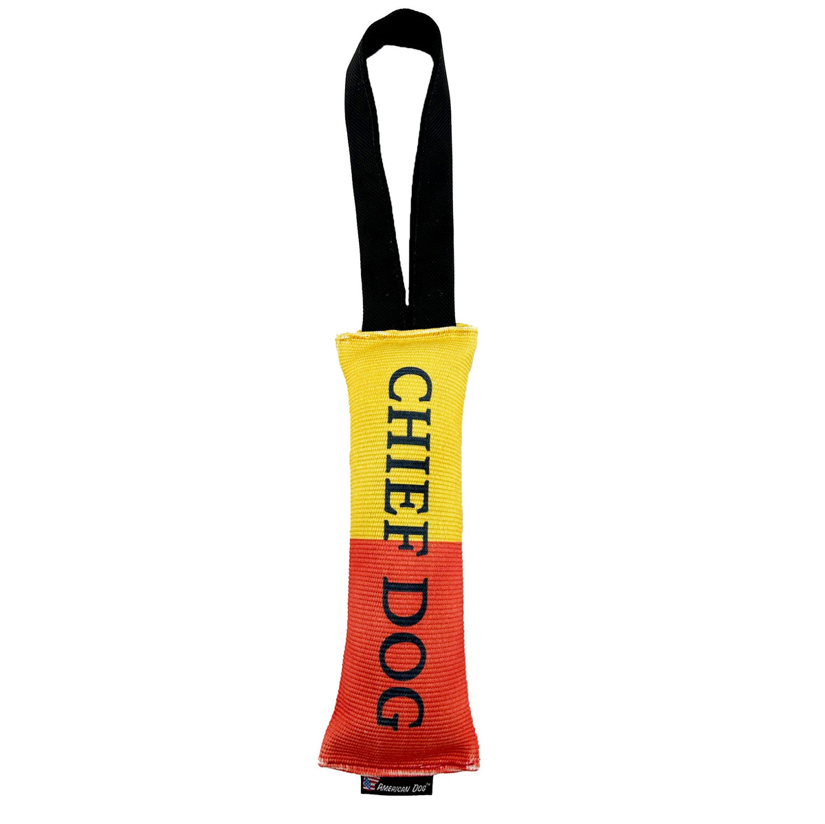 Fire Hose Dog Toy Tugs by American Dog, yellow hose with black loop handles on Tampa Home & Garden Store