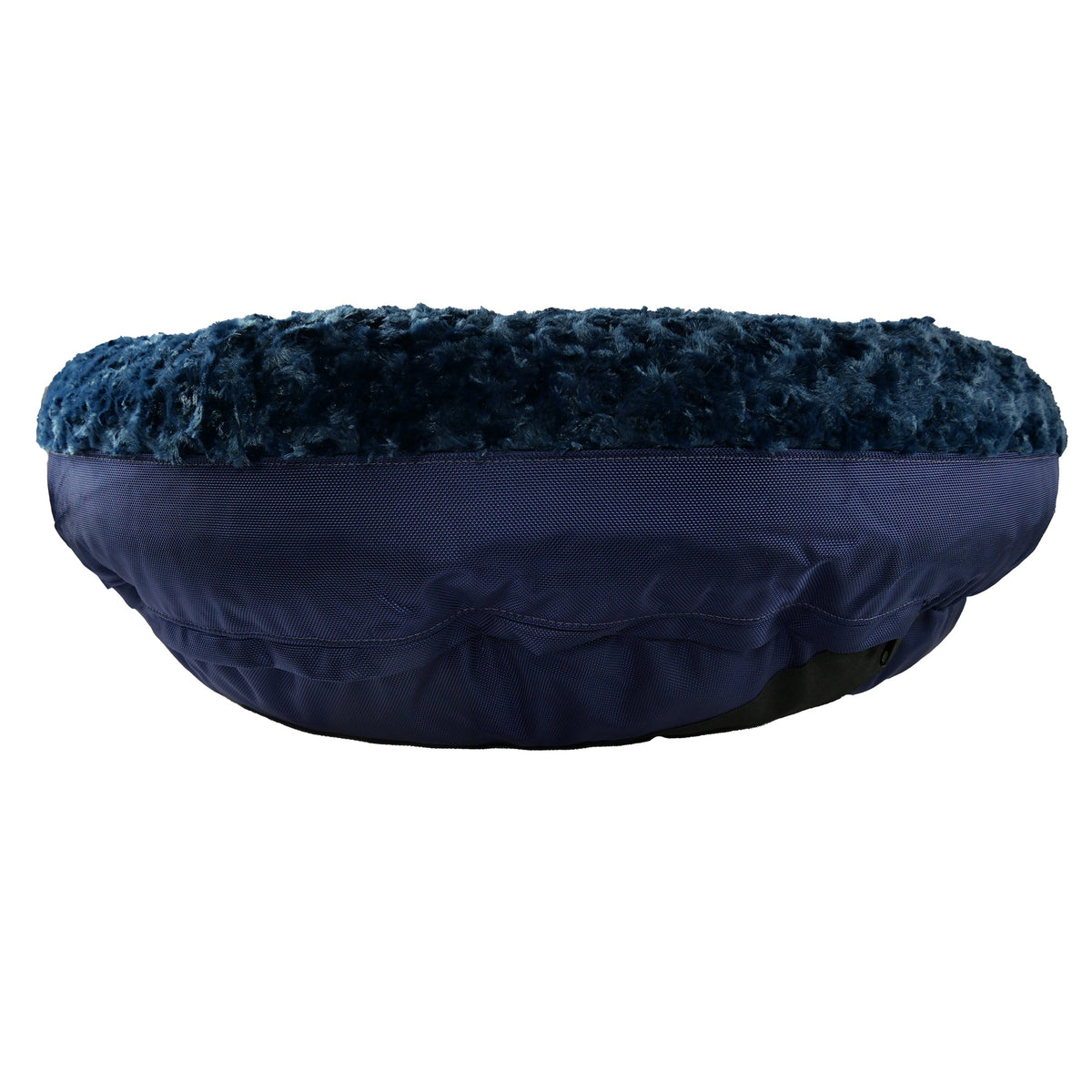 Round bolstered dog bed Furvana blue plush interior with navy fabric exterior on Tampa Home & Garden Store
