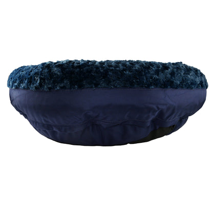 Round bolstered dog bed Furvana blue plush interior with navy fabric exterior on Tampa Home & Garden Store
