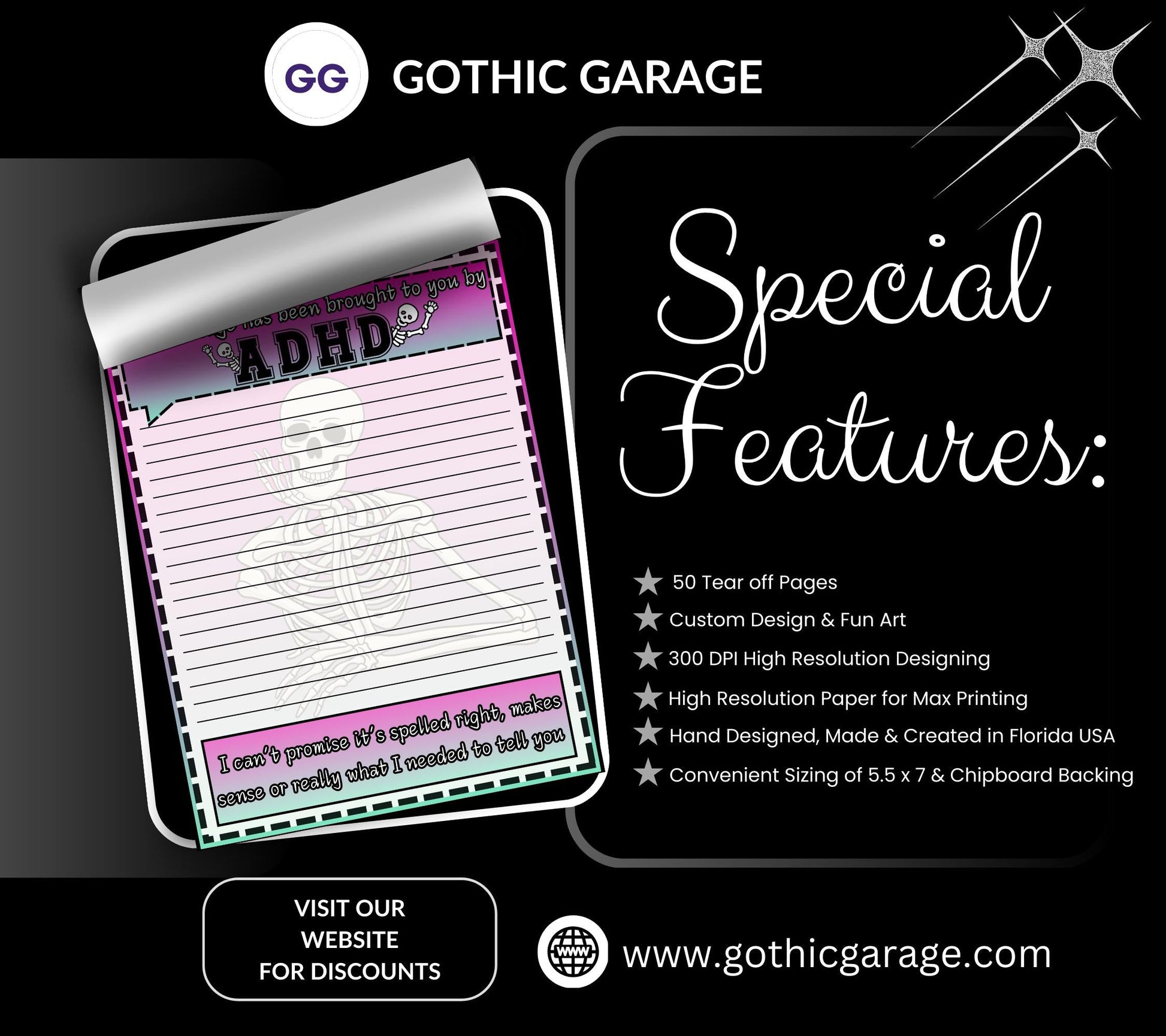 ADHD Funny Skeleton Notepad: Sarcastic Work Notes - Tampa Home & Garden Store
