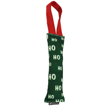 Fire Hose Dog Toy Tug with red loop handles and green HO-pattern body by American Dog on Tampa Home & Garden Store