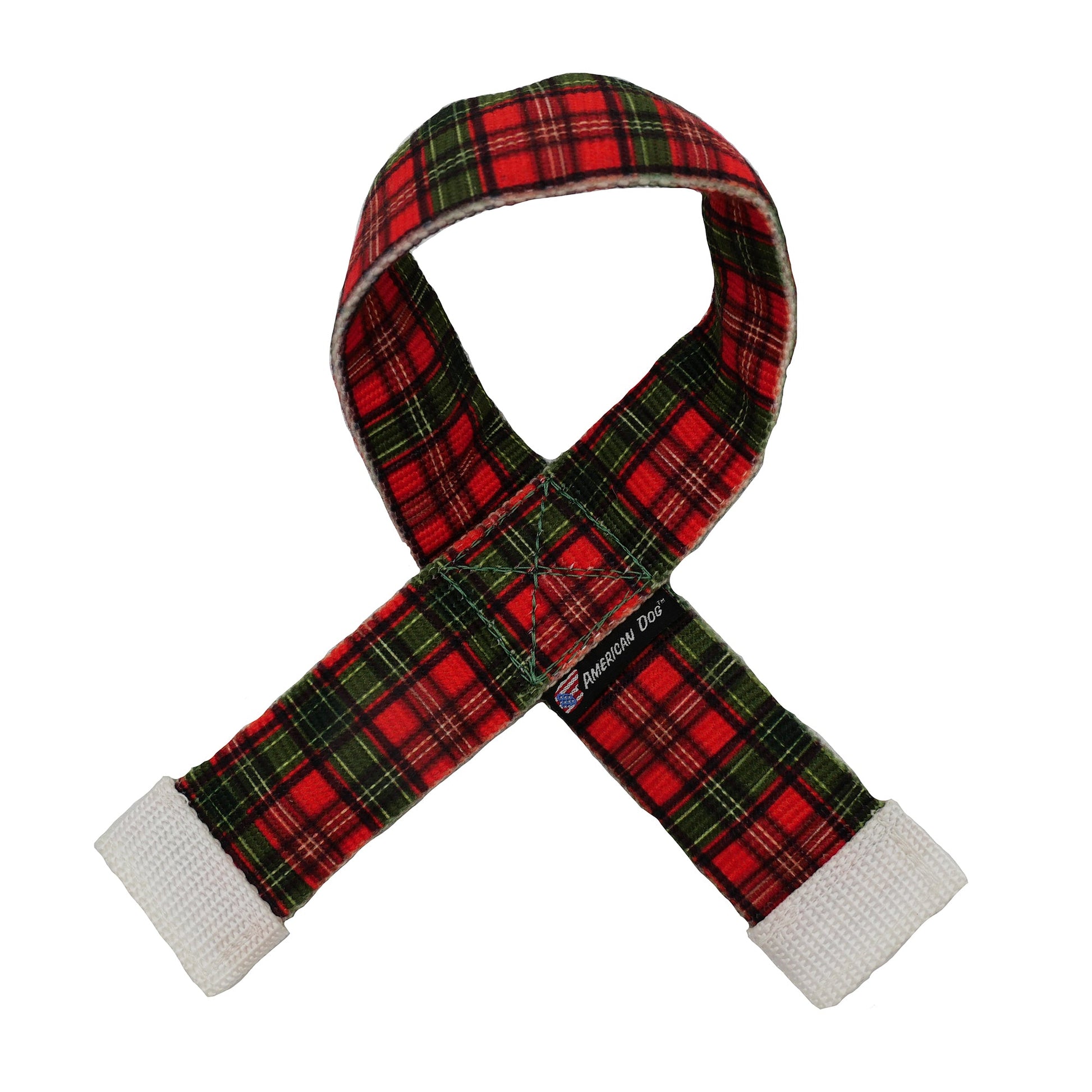 Fire Hose Holiday Scarf Tug dog toy plaid red green with white ends by American Dog on Tampa Home & Garden Store