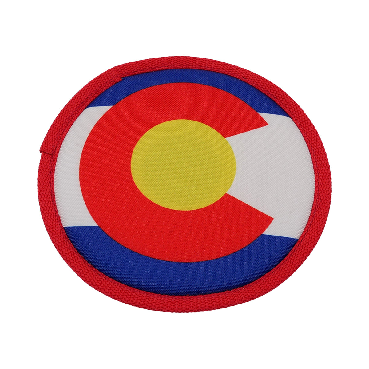 Mile High Flyer dog toy frisbee with red blue yellow shield design by American Dog on Tampa Home & Garden Store