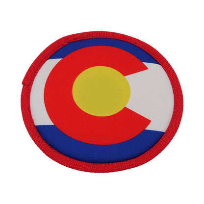 Mile High Flyer dog toy frisbee with red blue yellow shield design by American Dog on Tampa Home & Garden Store