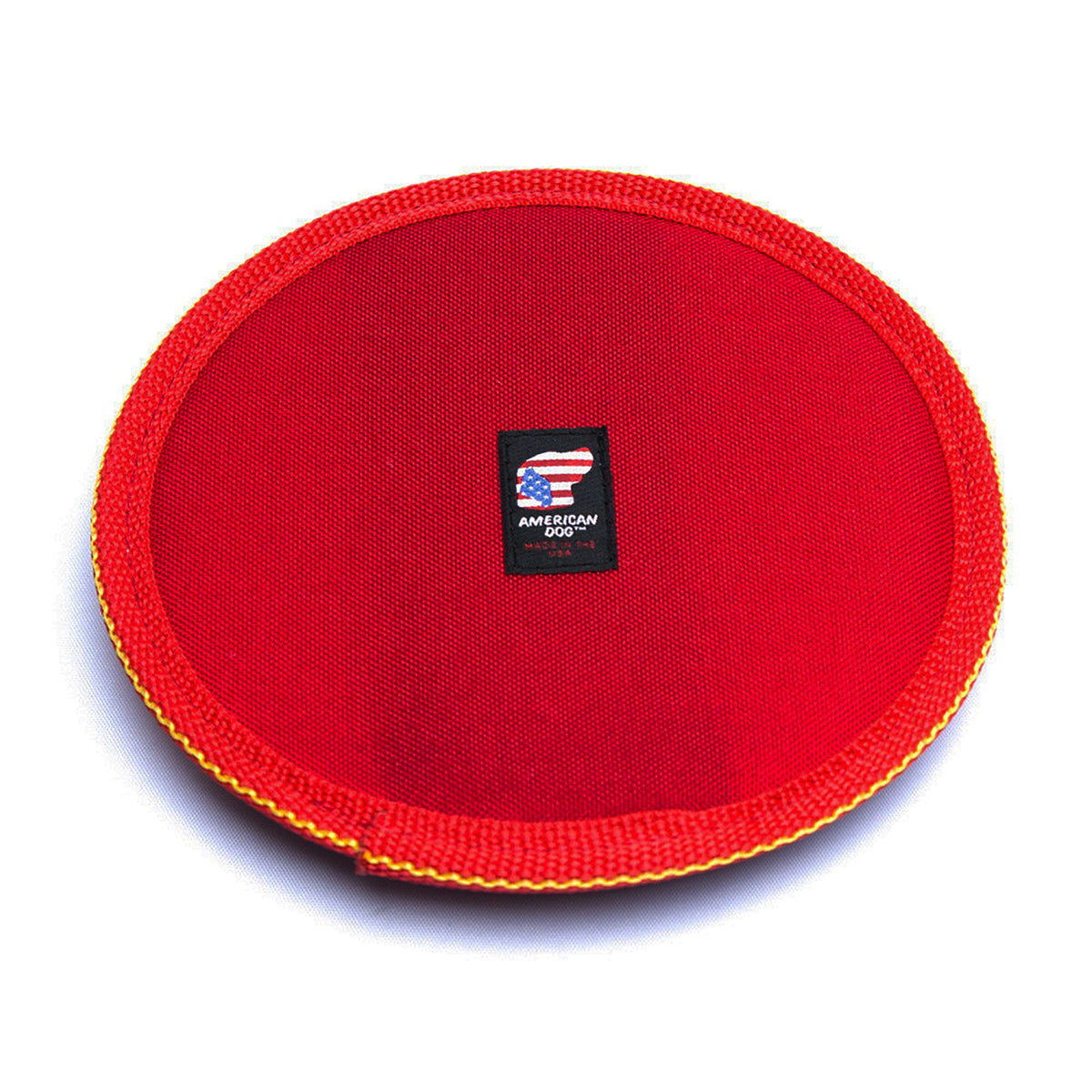 Mile High Flyer dog toy red round fabric with yellow edge and American Dog label on Tampa Home & Garden Store