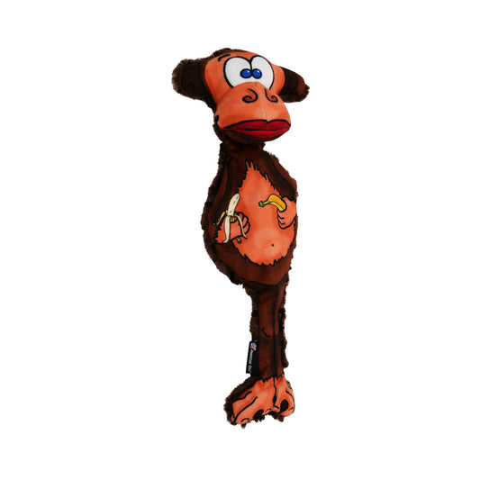 Milo the Monkey plush dog toy orange-brown with blue eyes and banana print by American Dog on Tampa Home & Garden Store