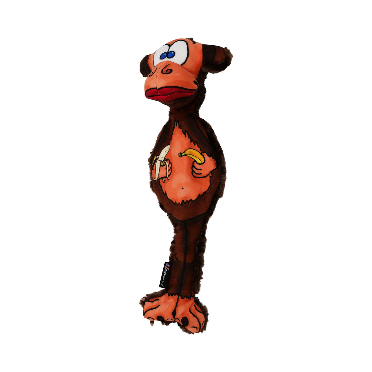 Milo the Monkey plush dog toy in orange brown with banana graphic, American Dog brand on Tampa Home & Garden Store