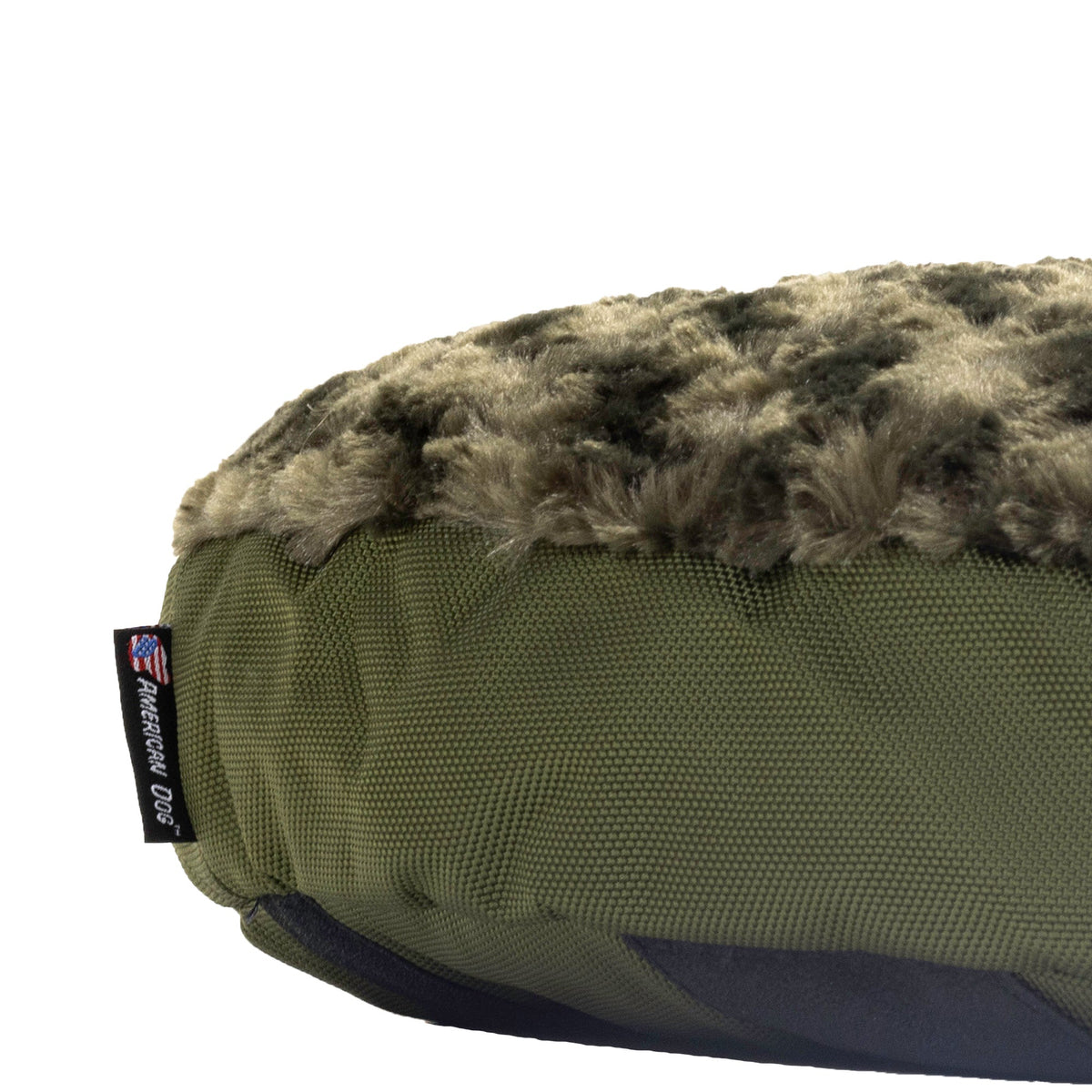 Round Furvana dog bed in olive green fabric with soft faux fur interior; American Dog brand on Tampa Home & Garden Store