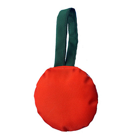 Jack-O-Tug dog toy red round disk with green fabric handle by American Dog on Tampa Home & Garden Store