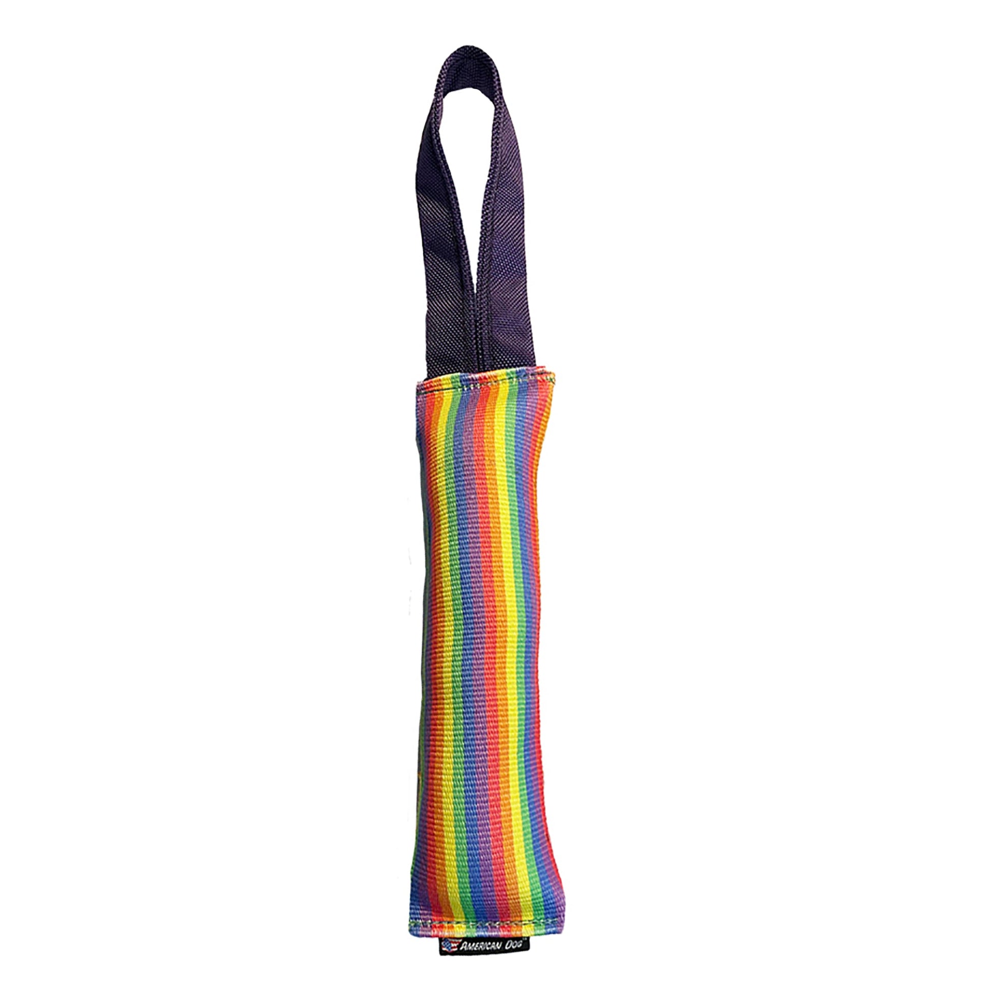 Fire Hose Dog Toy Tug with rainbow strap and dark handles by American Dog on Tampa Home & Garden Store
