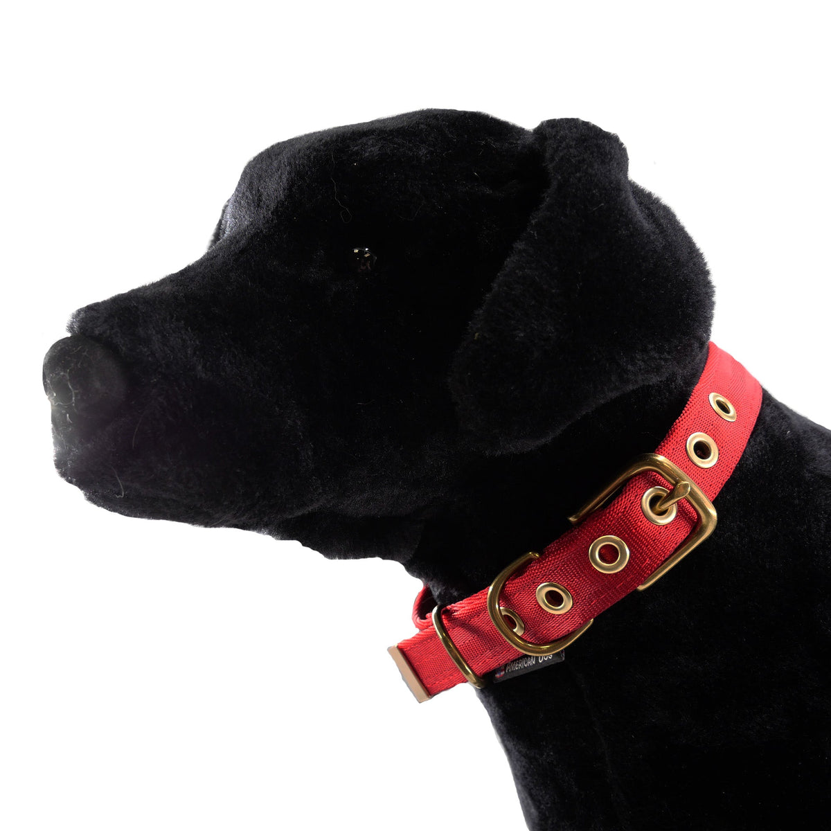 Dog collar red seatbelt with brass hardware by American Dog on plush black dog silhouette on Tampa Home & Garden Store