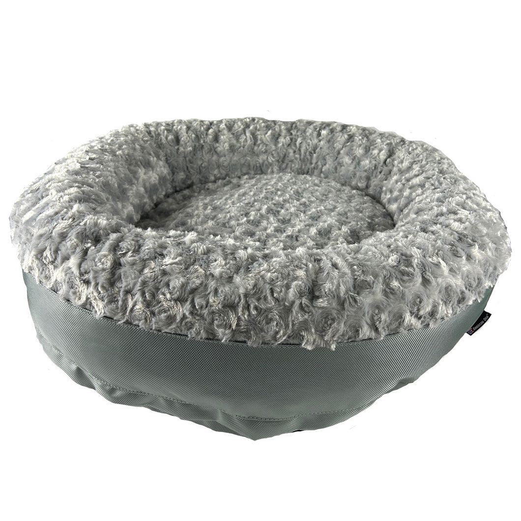 Dog Bed Round Bolstered Furvana™ by American Dog with plush gray interior and gray exterior on Tampa Home & Garden Store