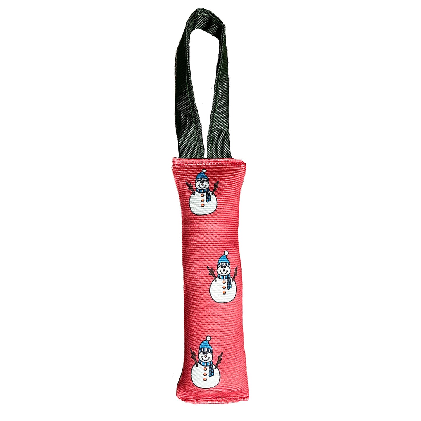 Fire Hose Dog Toy Tug red sleeved with snowman print and black rope handles American Dog on Tampa Home & Garden Store