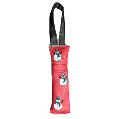 Fire Hose Dog Toy Tug red sleeved with snowman print and black rope handles American Dog on Tampa Home & Garden Store