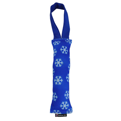 Fire Hose Dog Toy Tugs by American Dog, blue fabric tug with snowflake pattern and loop handles on Tampa Home & Garden Store